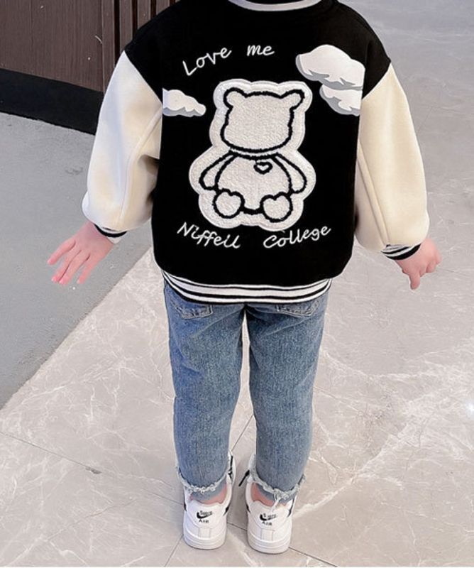 Kids woolen flocking Smile embroidery Baseball Jacket blouson